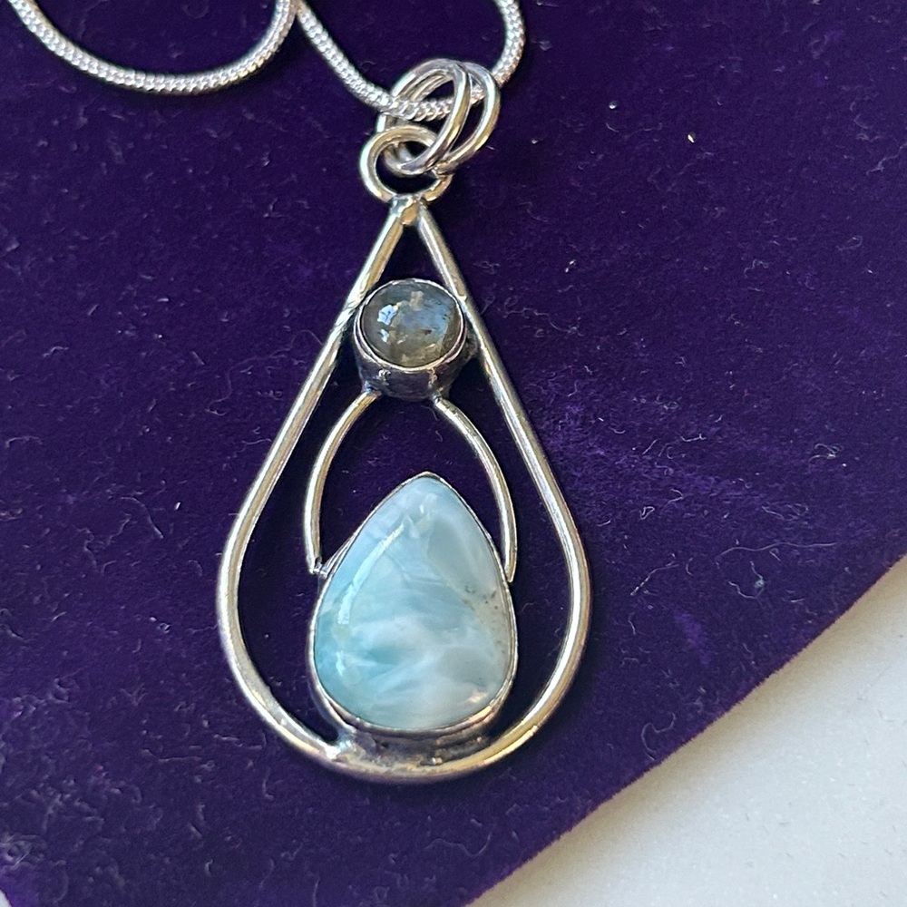 Larimar and‎ a labradorite gemstone sterling silver pendant necklace - Picture 4 of 4